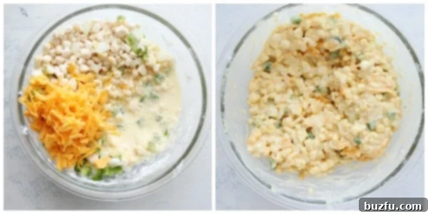 Step 5 and 6 of making corn fritters. Shredded cheddar cheese and the final mixed corn fritter batter in a bowl.