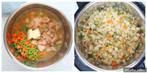 Chicken, rice, vegetables, and water assembled in an Instant Pot before cooking.