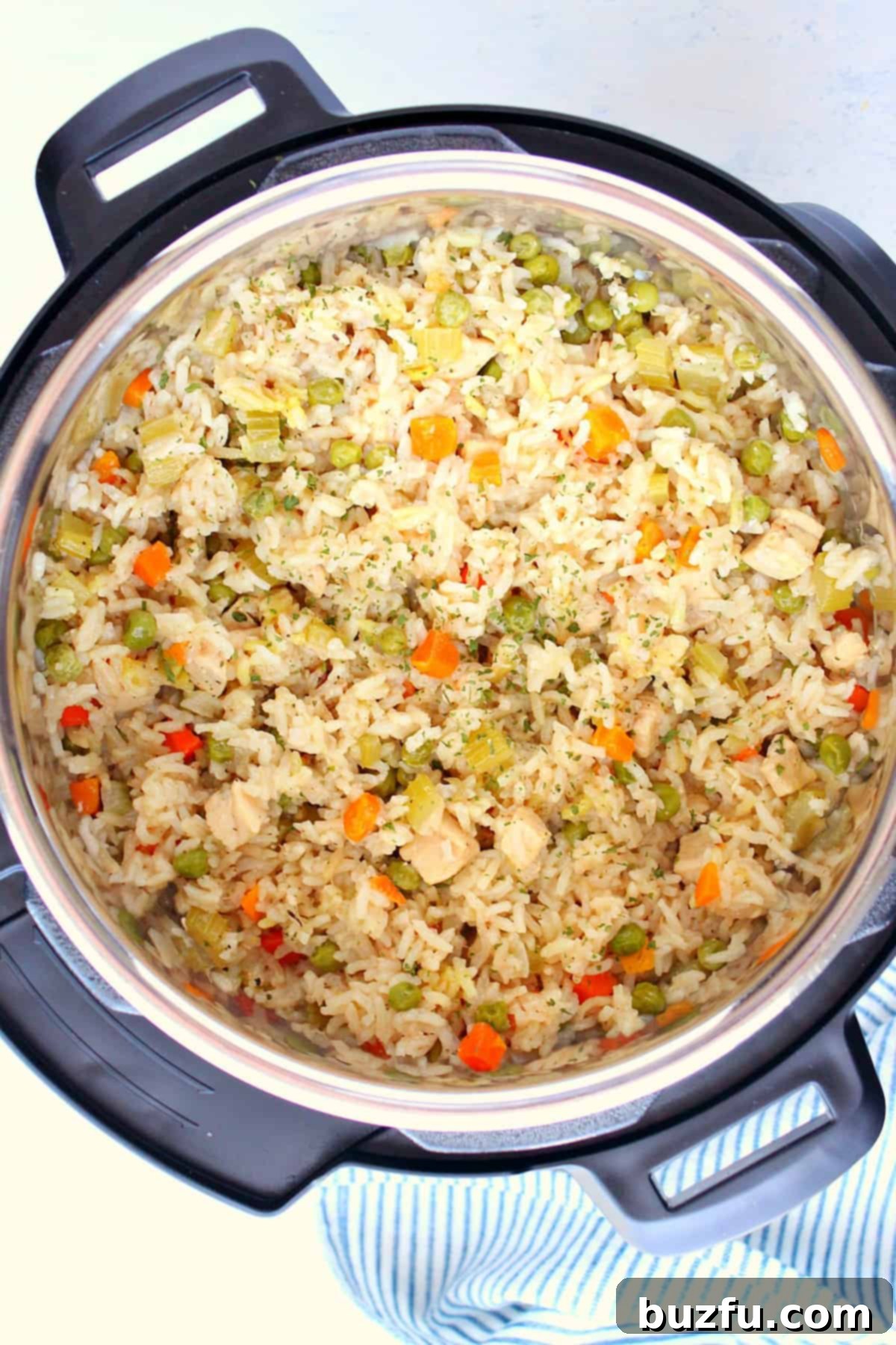 Close-up of Instant Pot Chicken and Rice in the Instant Pot liner.