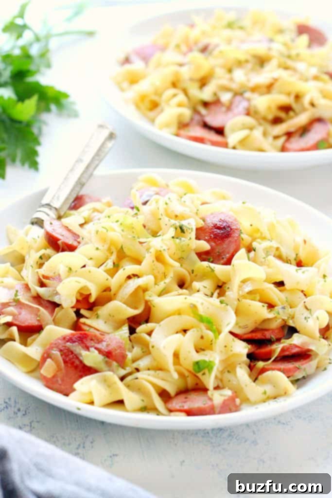 Cabbage and noodles with sausage on a white plate, ready to be served.