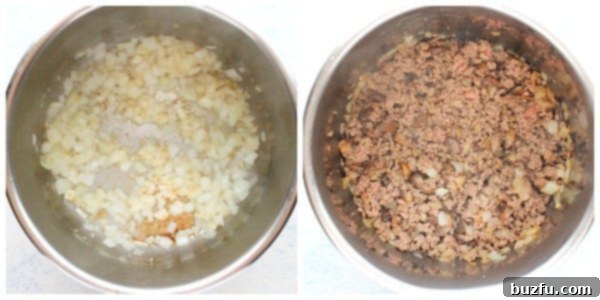 Sautéed onions, garlic, and browned ground beef with mushrooms cooking in the Instant Pot liner.