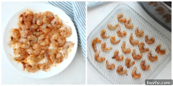 How to make shrimp in air fryer. Seasoned shrimp on air fryer rack.