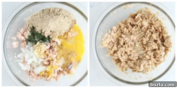 How to prepare salmon patty mixture Close-up of salmon patty mixture being combined in a white bowl.