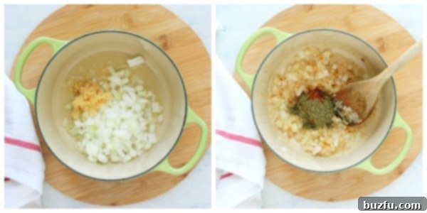 Sauteed onion, garlic and seasoning in a pot.