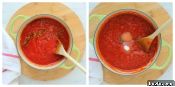 Crushed tomatoes in the pot.