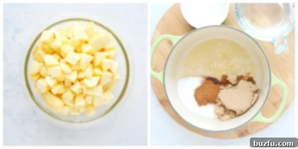 Freshly chopped apples in a mixing bowl alongside a pot with melted butter, sugars, and spices, illustrating the preparation steps for apple pie filling.