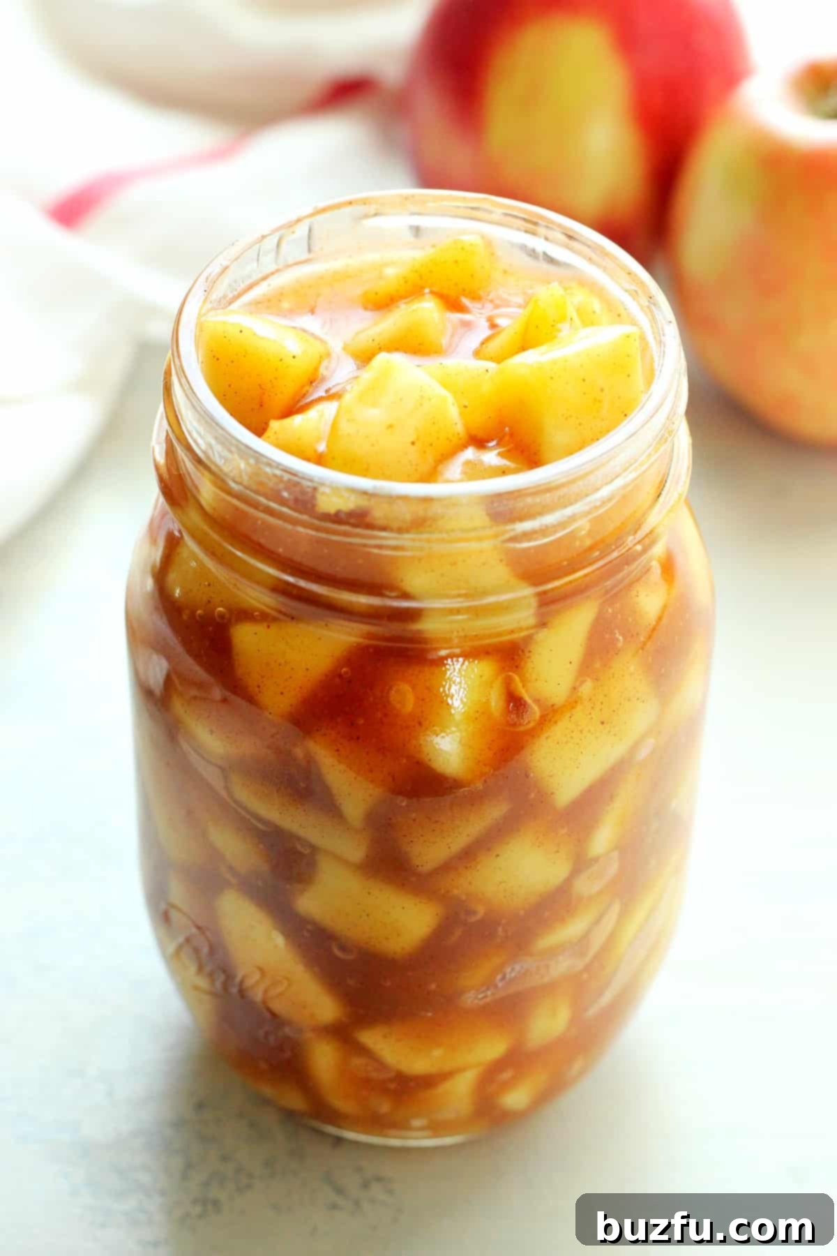 Delicious homemade apple pie filling stored in a glass jar, showcasing its rich texture and readiness for use or storage.