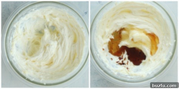 Close-up view of unsalted butter being vigorously whipped with honey and vanilla extract in a clear glass mixing bowl using an electric hand mixer, creating a smooth, fluffy mixture.