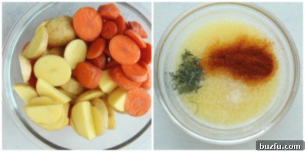 Prepping Potatoes and Carrots for Roasting Close-up of chopped potatoes and carrots in a large mixing bowl, ready to be seasoned.