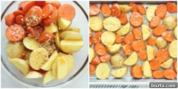 Seasoning and Arranging Vegetables on Baking Sheet Hand seasoning cut vegetables on a baking sheet before placing them in the oven.