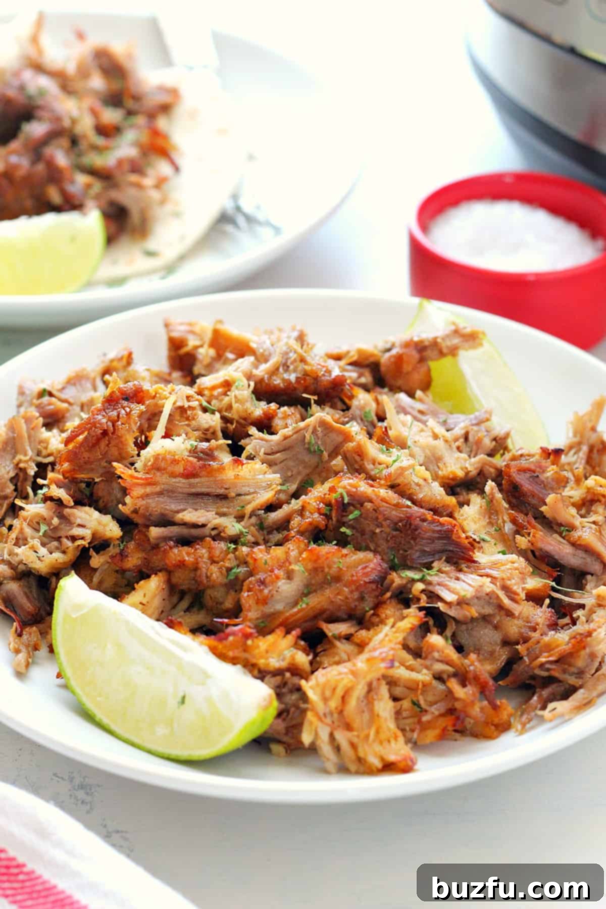 Instant Pot Carnitas recipe Carnitas meat on a white plate, garnished with cilantro.