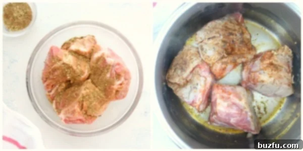 How to make carnitas in the Instant Pot. Seasoning pork and searing it in the Instant Pot.