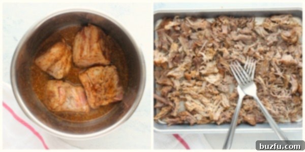 Cooking carnitas in the pressure cooker. Carnitas pork cooked and shredded on a baking sheet.