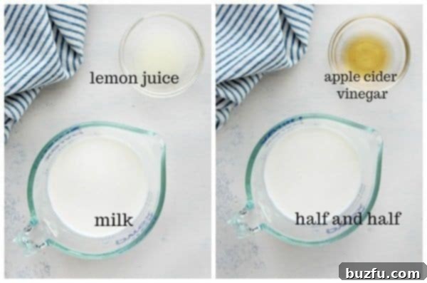 Collage showing milk and lemon/vinegar as buttermilk ingredients.