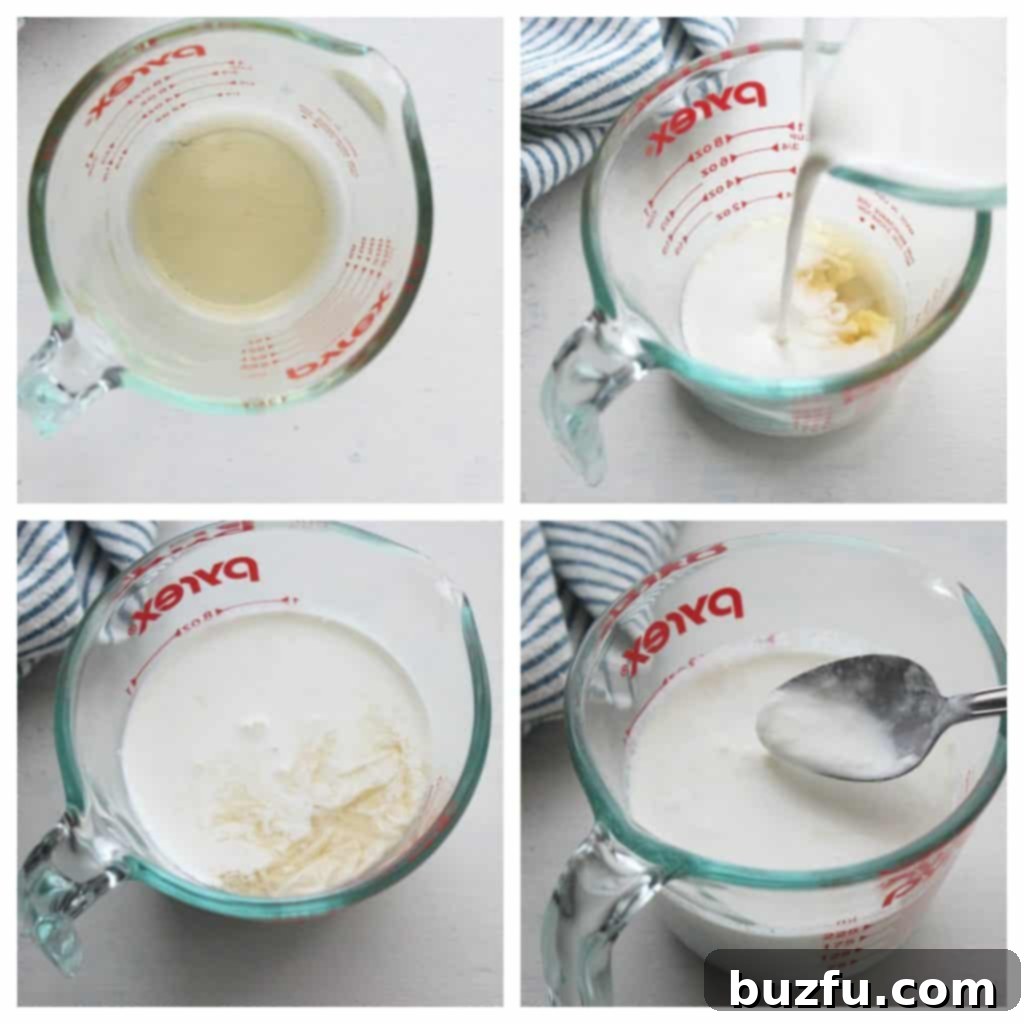 Three steps for making homemade buttermilk: adding acid, adding milk, and letting it curdle.