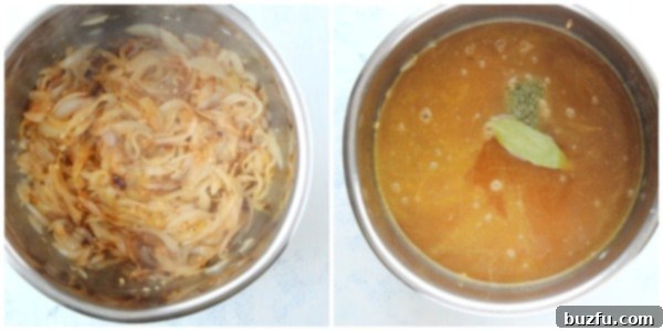 Caramelized onions and broth in the Instant Pot, ready for pressure cooking.