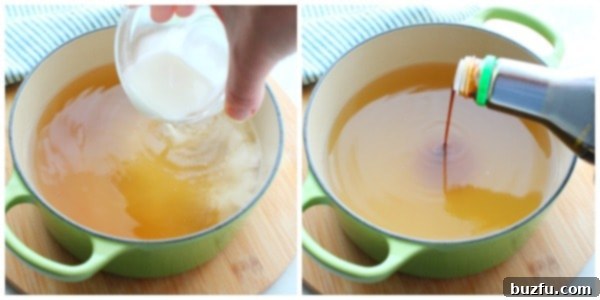 Adding Cornstarch and Soy Sauce to Soup Base Illustrative image showing cornstarch slurry and soy sauce being added to the simmering chicken stock in a pot, demonstrating the thickening process.