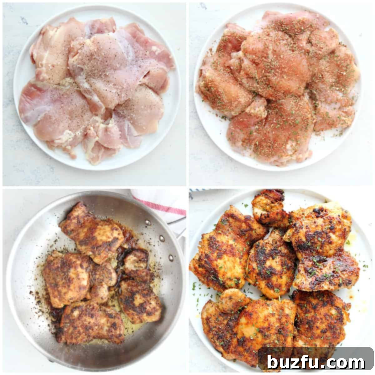 How to make Skillet Chicken Thighs Seasoned chicken thighs in a pan, pan-fried to a golden brown.
