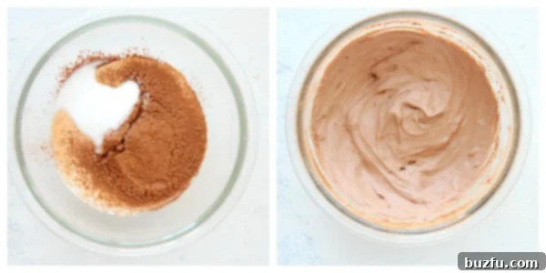 Ingredients in a bowl, showing unwhipped and whipped stages of the cocoa mixture.