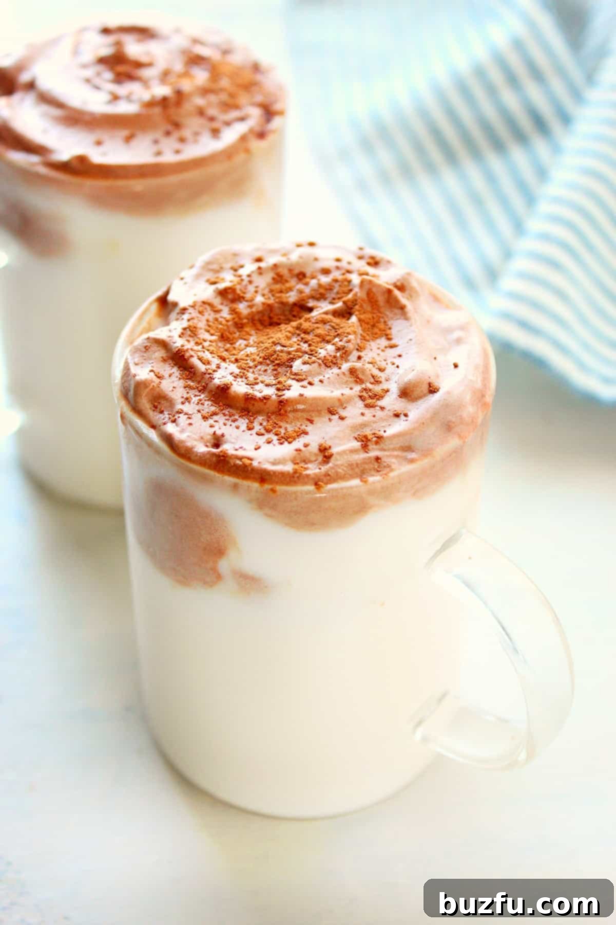 Whipped hot chocolate served in two glasses, garnished with chocolate shavings.