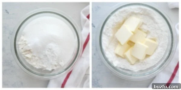 How to make apple dump cake from scratch. Dry ingredients and butter in a bowl.