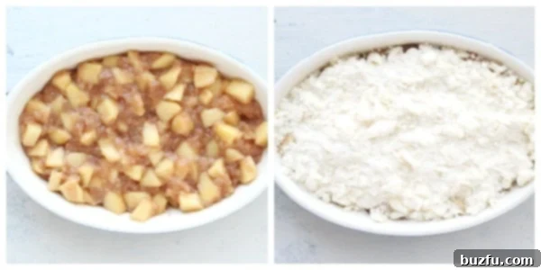 Step by step of making apple dump cake. Apple pie filling and topping in a dish.