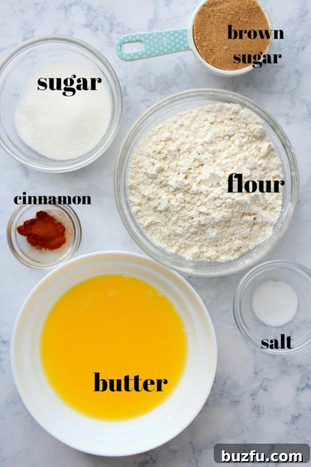 Streusel Topping Ingredients Streusel ingredients on a marble board.