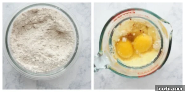 How to make crumb cake. Dry ingredients in a bowl and wet ingredients in a glass cup.