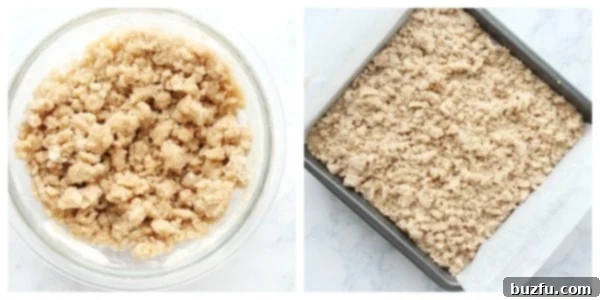 How to make streusel topping. Streusel in a bowl and on the cake.
