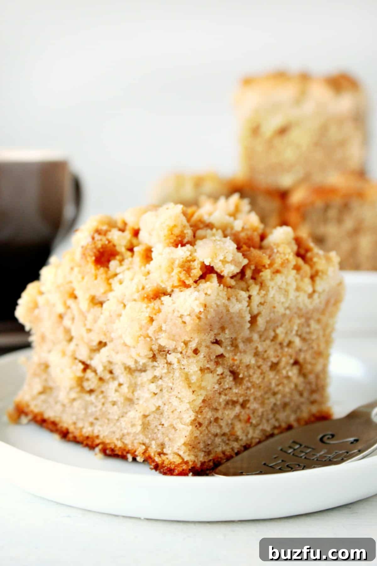 Easy coffee cake with streusel topping recipe. Crumb cake on a white dessert plate with a spoon.