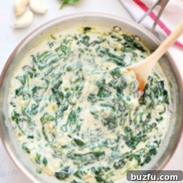 Creamy spinach in a skillet.
