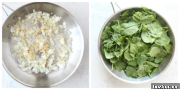 Sauteed onion and fresh spinach wilting in a pan.