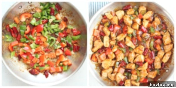 Making Kung Pao Chicken from scratch with fresh ingredients. Stages of cooking Kung Pao Chicken: peppers sauteing, then chicken being added.