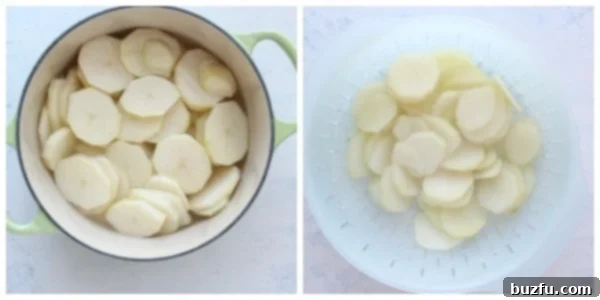 Preparing potatoes for Lyonnaise Potatoes Slicing potatoes evenly on a cutting board, a crucial step for Lyonnaise Potatoes.