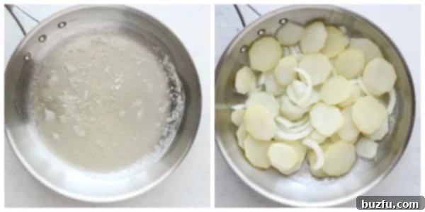 Pan-frying Lyonnaise Potatoes Potato slices and onions frying in butter and oil in a large skillet, turning golden.