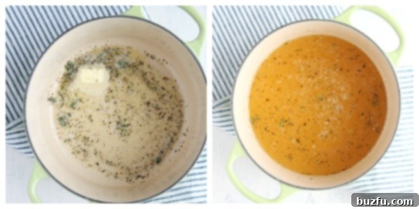 A medium saucepan on the stove with sautéed herbs gently bubbling in butter, alongside the clear turkey stock, illustrating the initial steps of making homemade gravy.