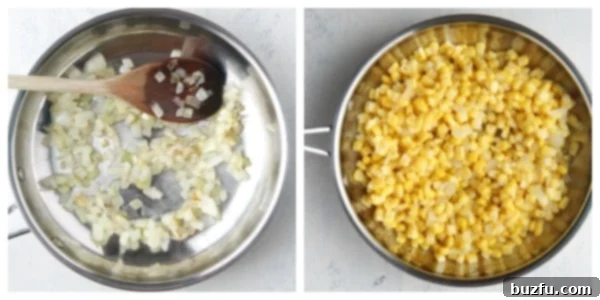 Sauteed onion and corn cooking in a skillet on the stovetop.