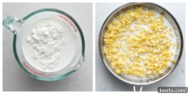 Cornstarch mixture in a measuring cup and being added to a skillet with corn for thickening.