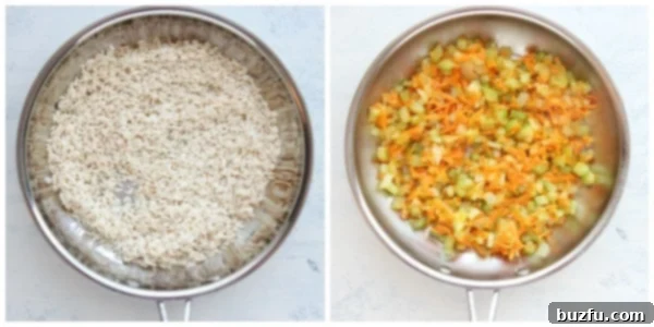 How to make rice pilaf from scratch. Close-up of toasted rice and sautéed vegetables cooking together in a skillet, creating the aromatic base for rice pilaf.
