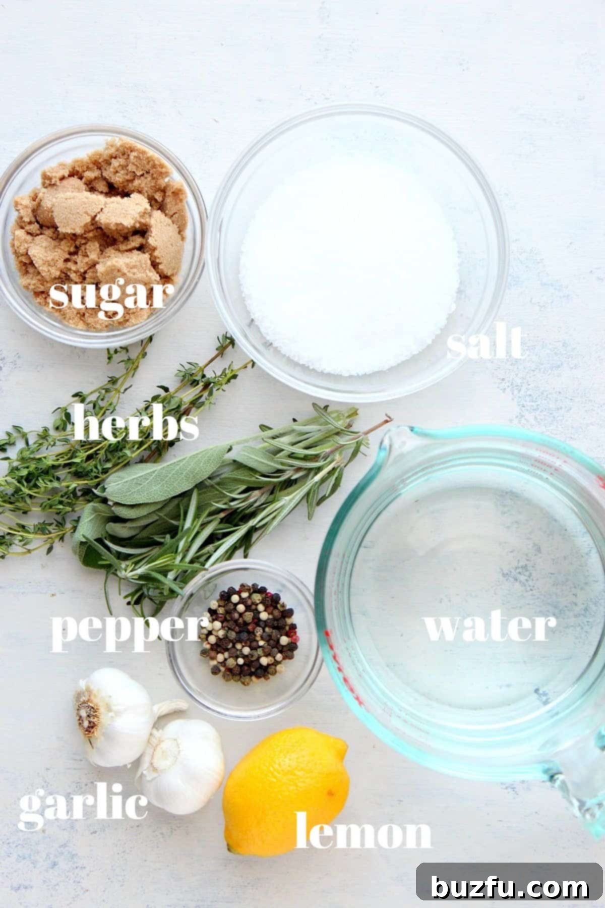 Turkey Brine Ingredients Ingredients for homemade turkey brine laid out on a wooden board.