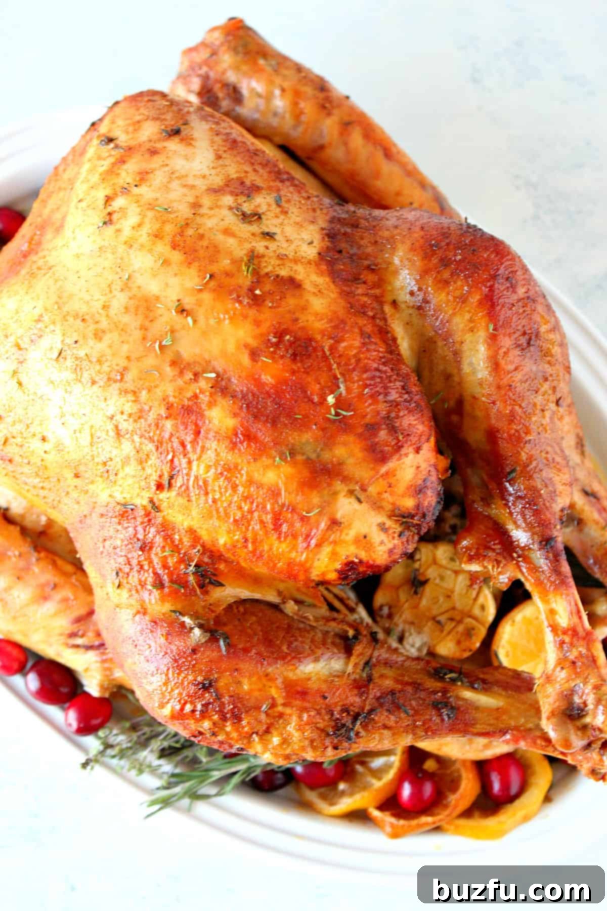 A perfectly cooked, golden-brown turkey on a platter, ready to be served.