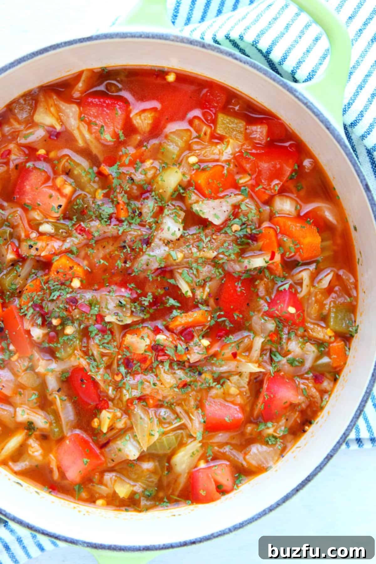 Freshly cooked cabbage soup in a large pot, steaming gently, inviting a warm and comforting meal.