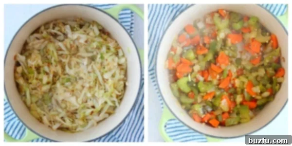 Chopped carrots, celery, and onions sautéing in a soup pot, turning translucent and fragrant, ready for the next step in making the soup.