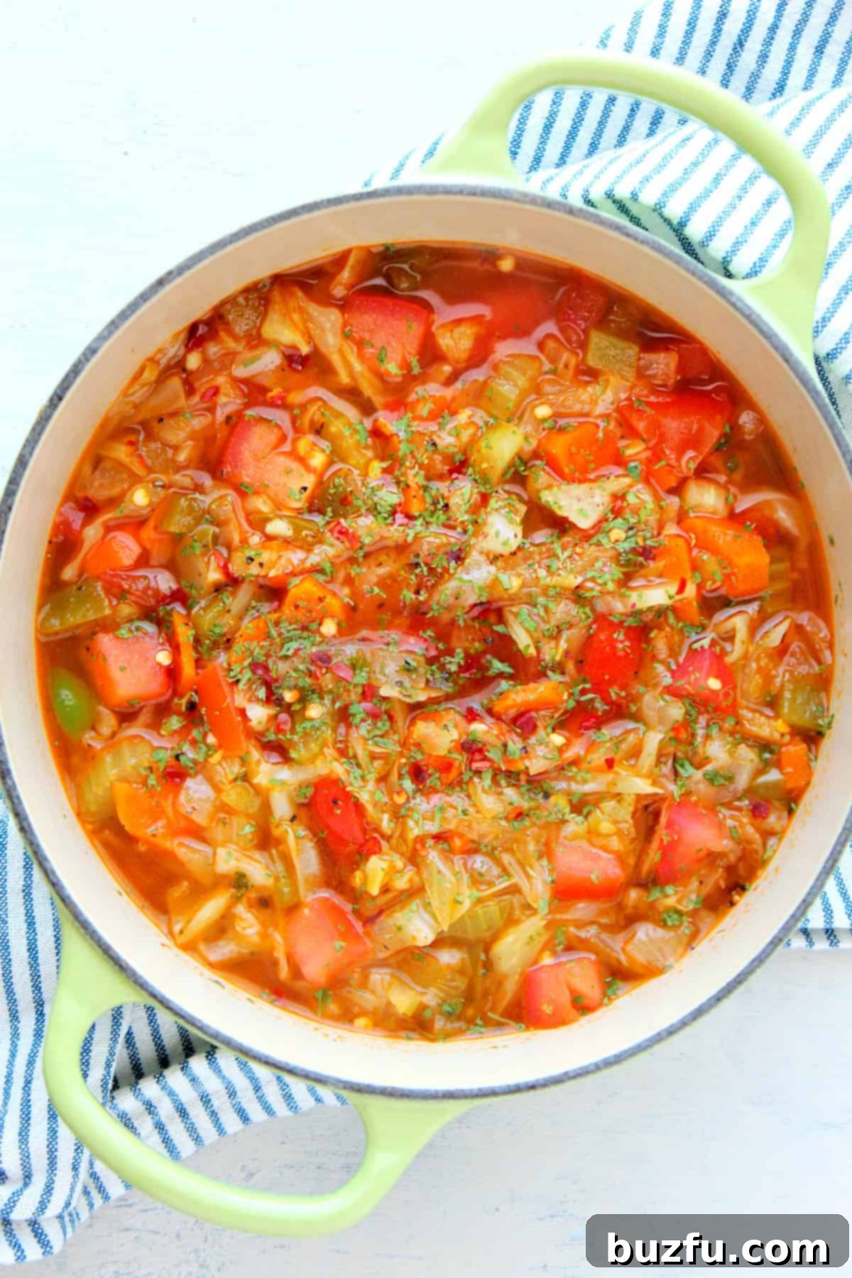 A hearty bowl of cabbage soup served in a rustic Dutch oven, garnished with fresh herbs, showcasing its rich texture and inviting aroma.