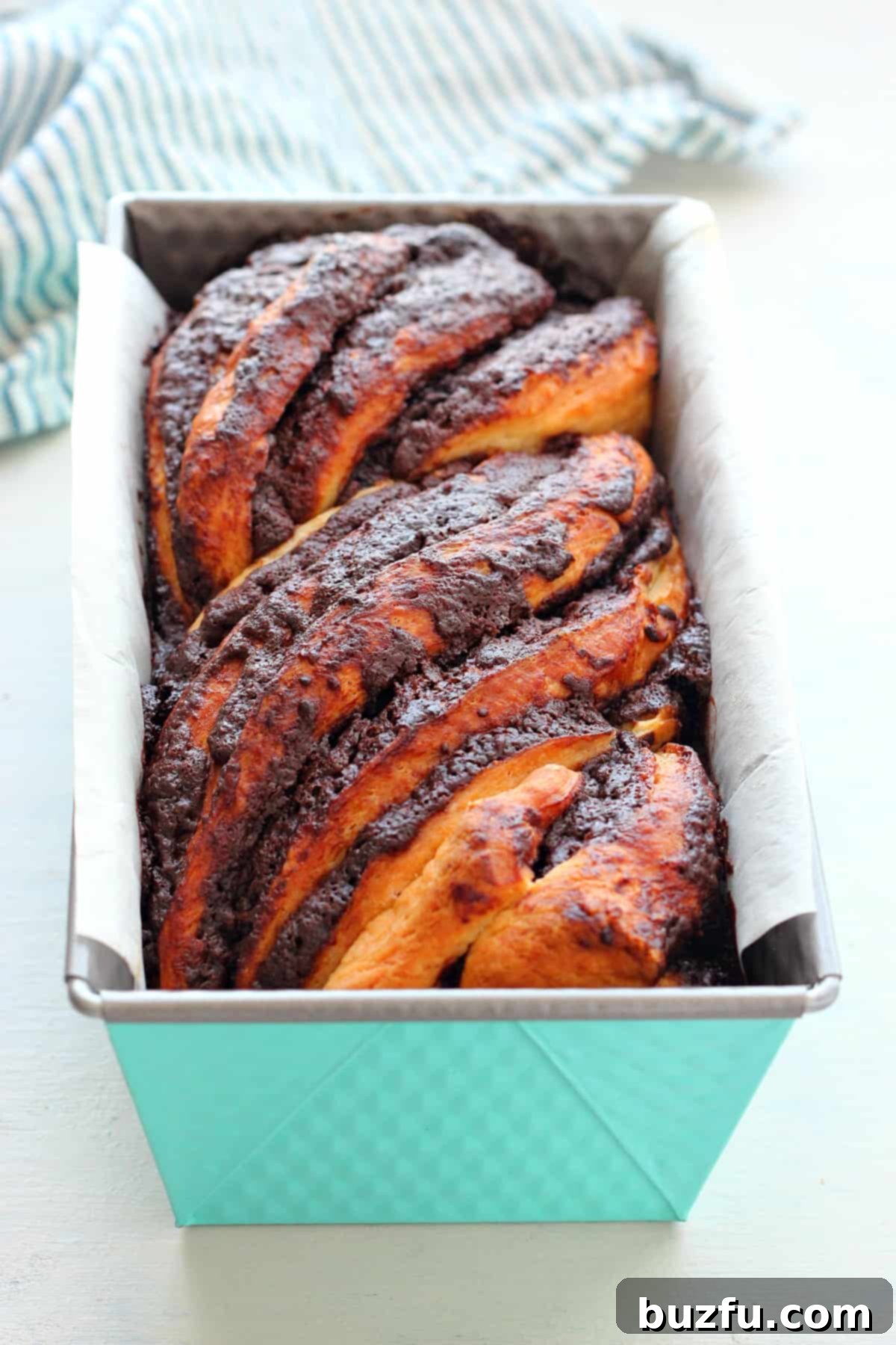Freshly baked Chocolate Babka cooling in a loaf pan, showcasing its beautiful braided layers.