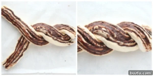 A baker's hands skillfully braiding two halves of chocolate-filled dough, creating the characteristic babka twist.