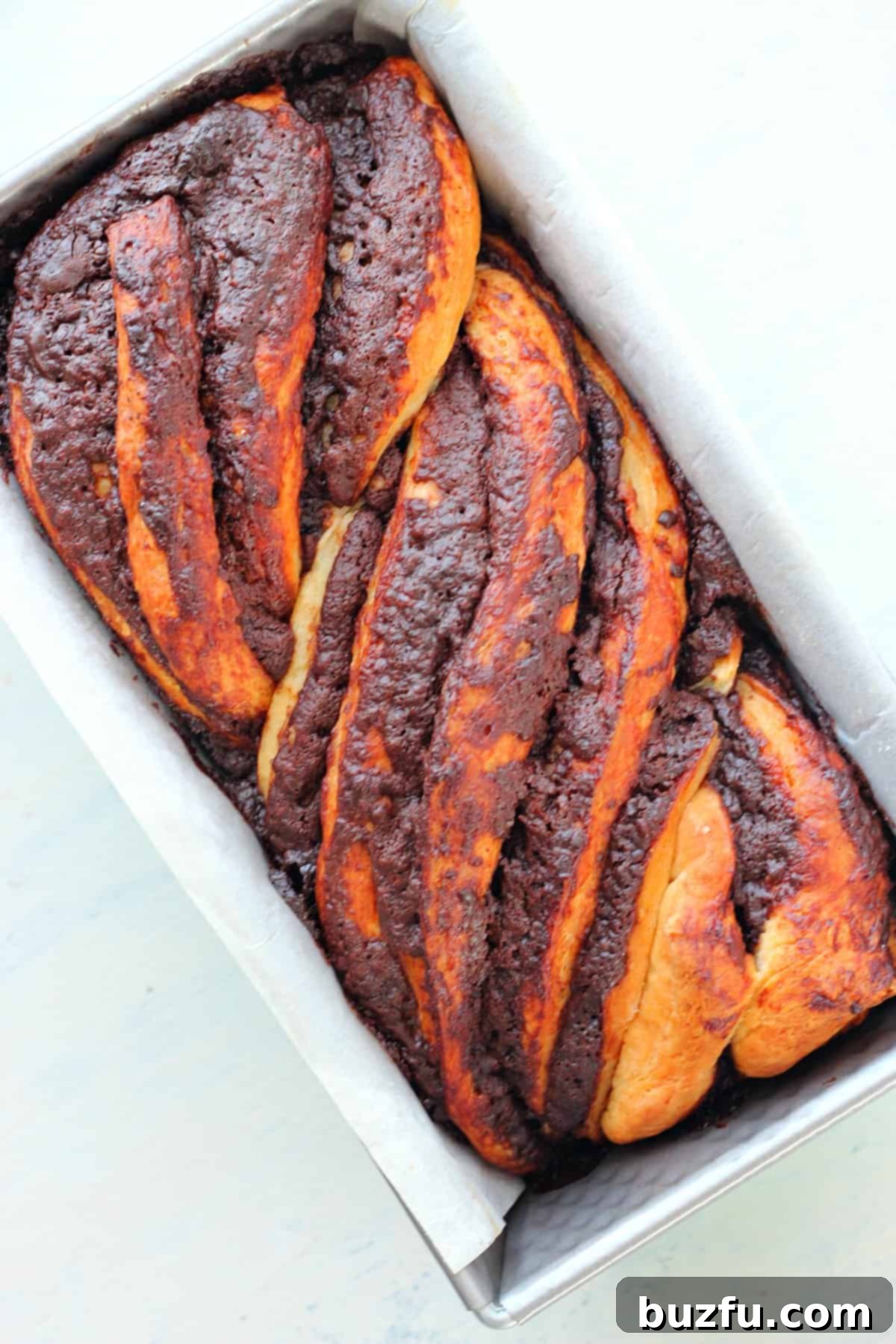 A freshly baked chocolate babka resting in a parchment-lined loaf pan, highlighting its textured crust and rich color.