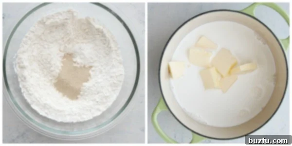 Separated bowls of dry ingredients (flour, yeast) and warm wet ingredients (milk, sugar, butter) for babka dough.