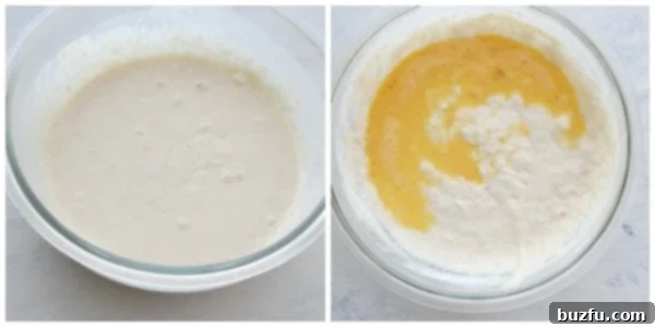 Yeast dough in a mixing bowl after the egg has been added and stirred in.