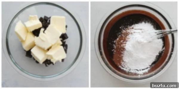 Melted chocolate and butter in a microwave-safe bowl, ready for the next steps of the filling preparation.